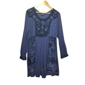VTG Sacred Threads Women Velvet Babydoll Dress M Navy Embroidered 90s Whimsigoth